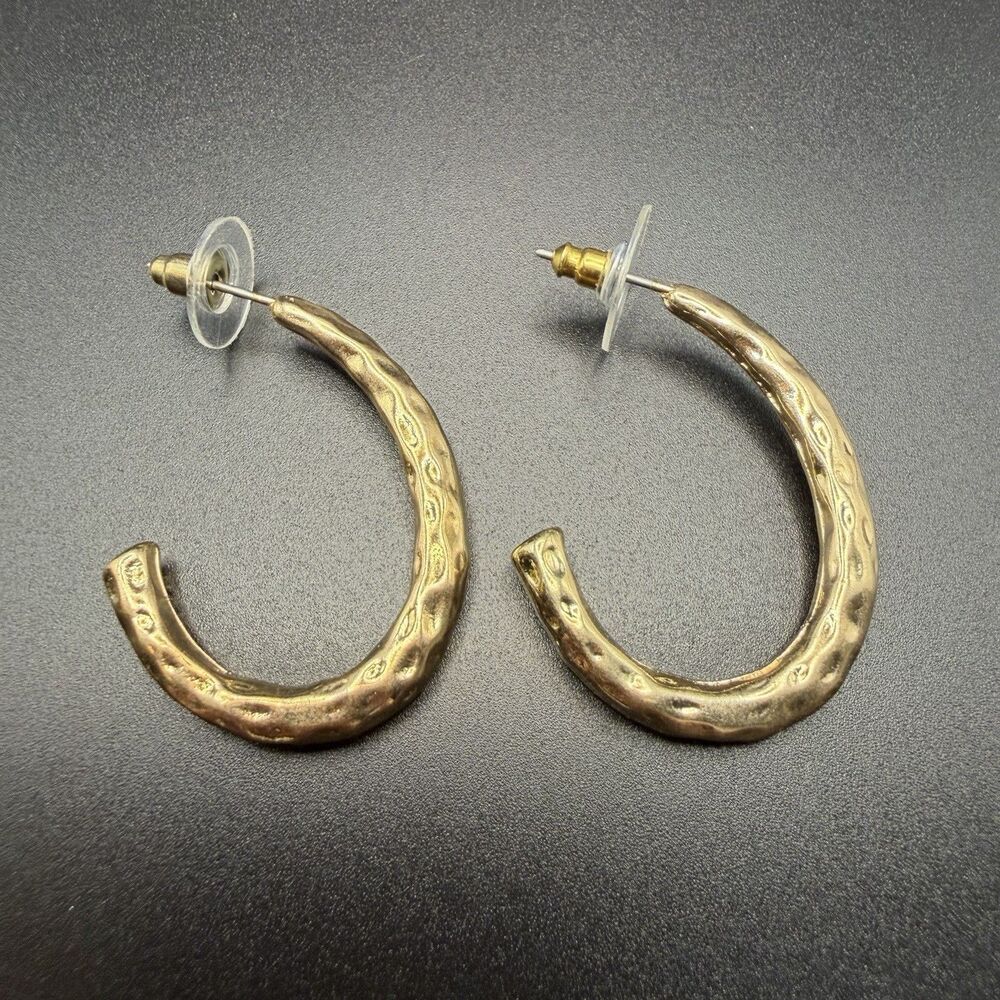 Gold Hammered Crescent Hoop Earrings Textured Open C Shape Statement Stud Gift